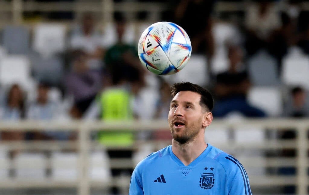 Argentina's forward Lionel Messi controls a ball during a training camp in Abu Dhabi ahead of the Qatar 2022 FIFA football World Cup, at the Nahyan Stadium, on November 14, 2022. (Photo by Karim SAHIB / AFP) (Photo by KARIM SAHIB/AFP via Getty Images)