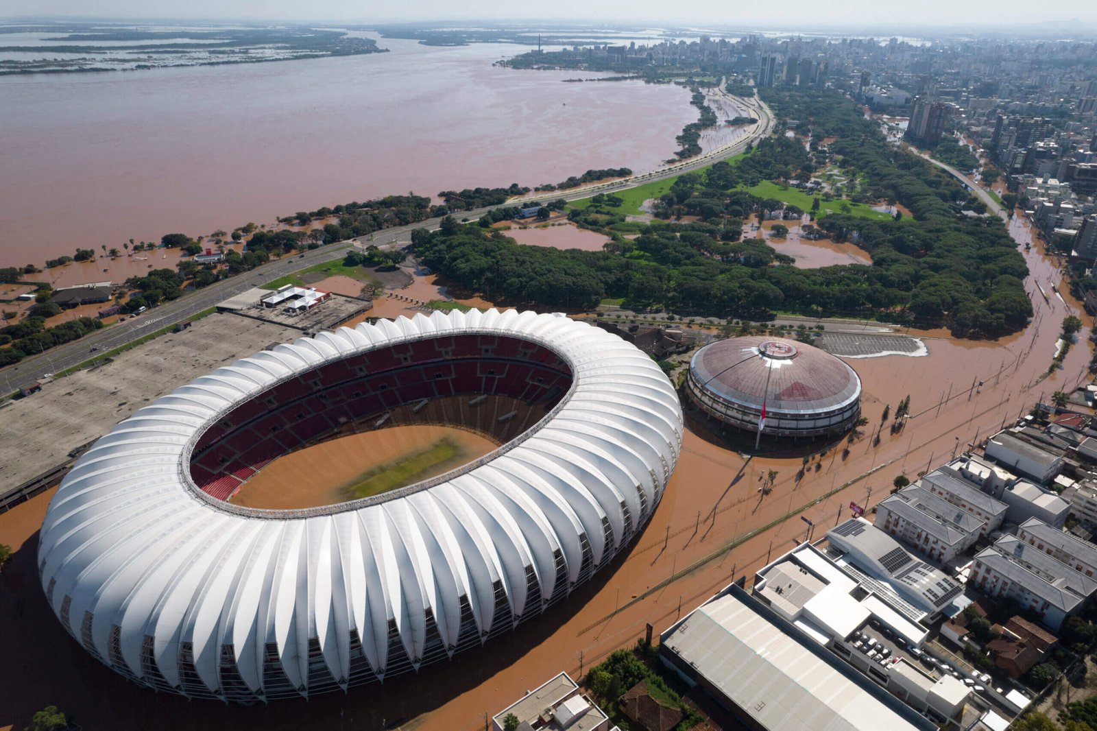 Internacional's Estadio Beira-Rio and its surrounding area have been damaged by the flooding (RENAN MATTOS/AGENCIA RBS/AFP via Getty Images)