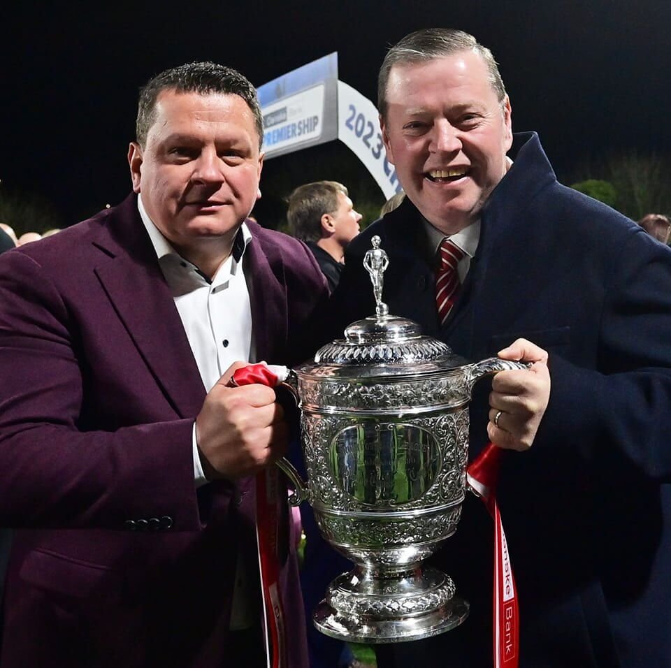 Larne owner Kenny Bruce with club chairman Gareth Clements (Photo credit: Larne FC)