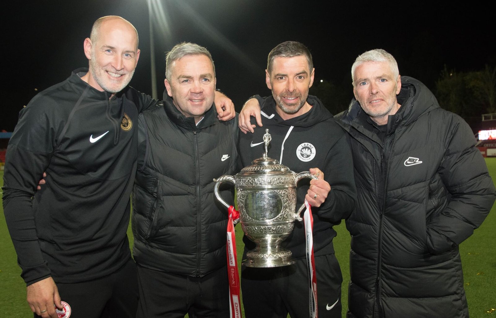 Larne's coaching team (Left-right: First-team coach Gary Haveron, head of recruitment Gerry Flynn, manager Tiernan Lynch and assistant Seamus Lynch)